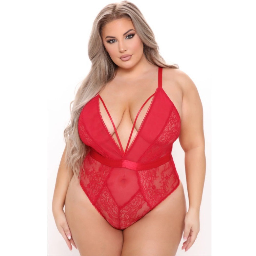 Lace and Mesh Deep V Bodysuit Lingerie with Crisscross Back Detail