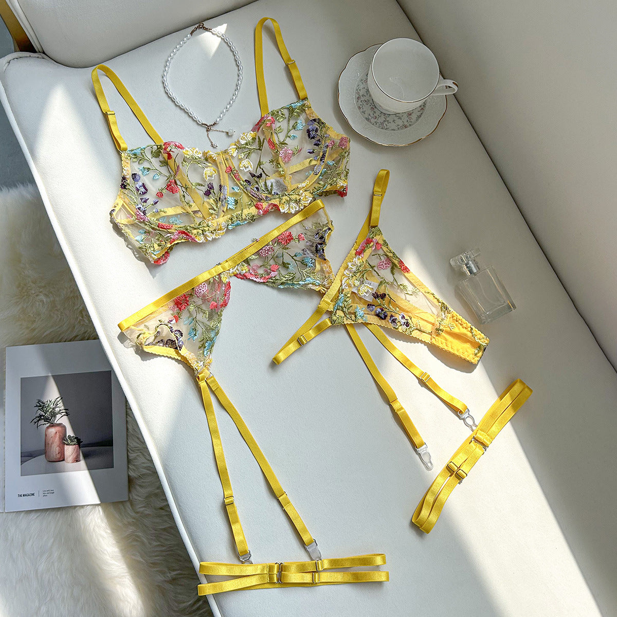 Floral Embroidery Lingerie Set with Garter Belt 3 Piece Mesh Bra and Panty
