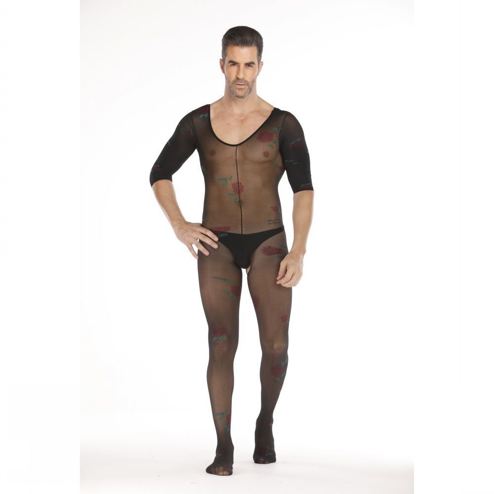 Long-Sleeve Micro-Print Open-Front Bodystocking