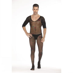 Long-Sleeve Micro-Print Open-Front Bodystocking
