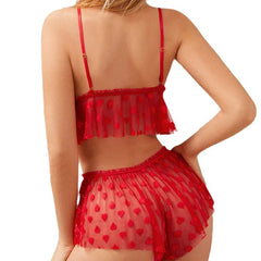 Heart Mesh Lingerie Set with Flowy Top and Ruffle Shorts