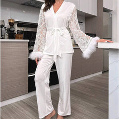 Glamorous Lace and Feather Trim Robe and Pant Set