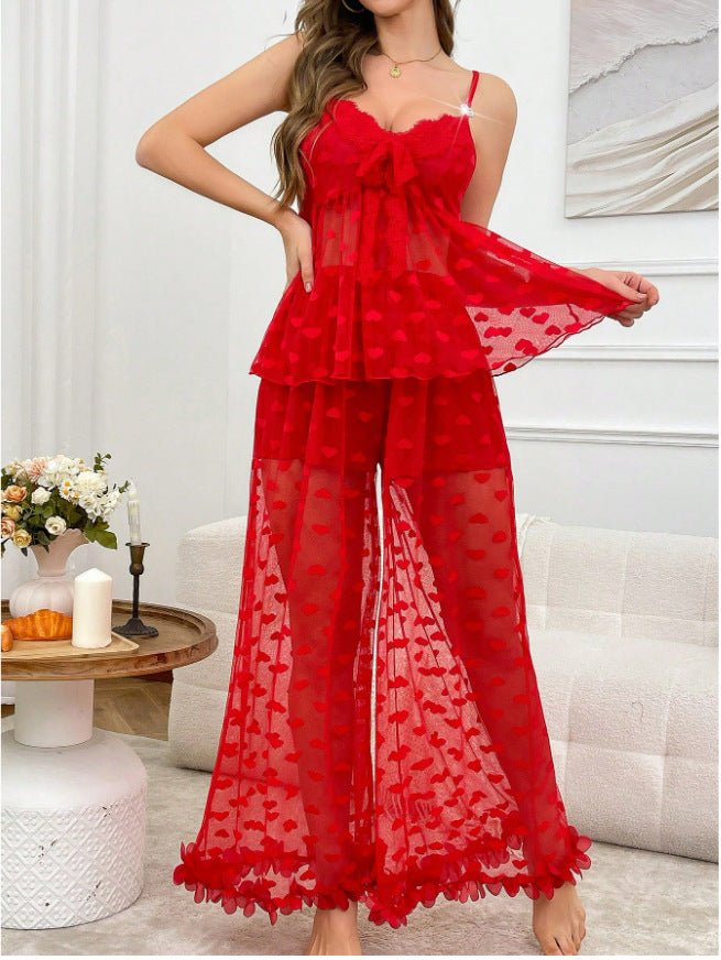 Charming Heart Mesh Lounge Set with Lace Bow Top