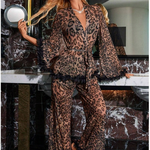 Luxurious Leopard Print Satin Robe and Pant Lounge Set with Ruffles