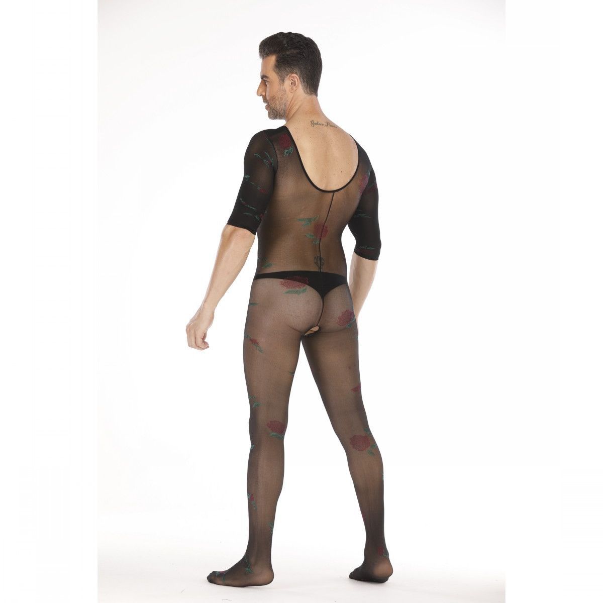 Long-Sleeve Micro-Print Open-Front Bodystocking