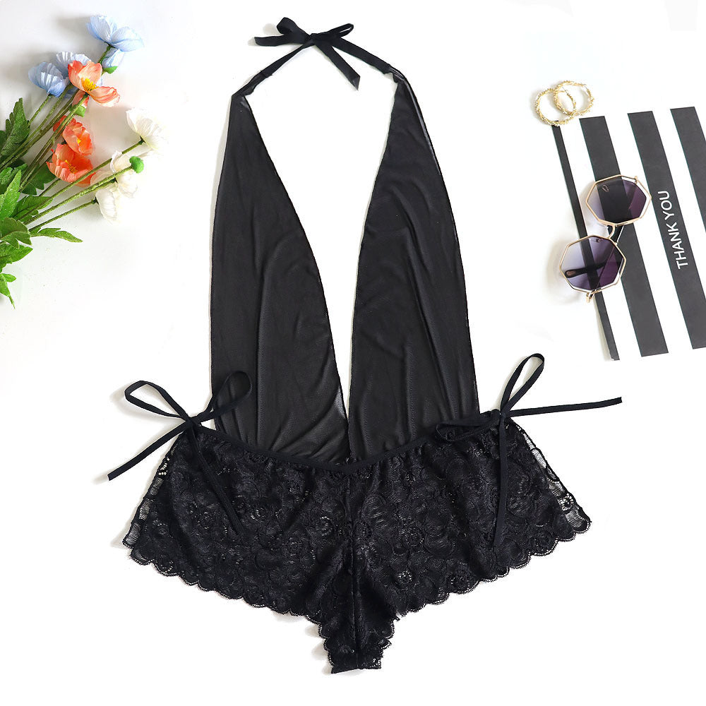 Halter Neck Sheer Mesh and Lace Bodysuit