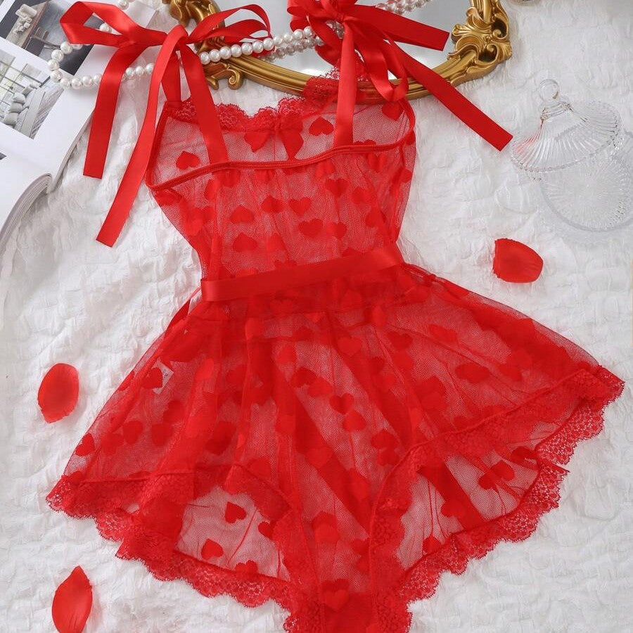 Red Heart Mesh Romper Lingerie with Satin Bow Straps