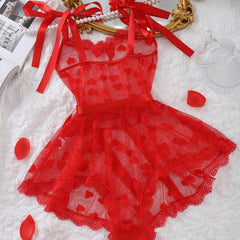 Red Heart Mesh Romper Lingerie with Satin Bow Straps