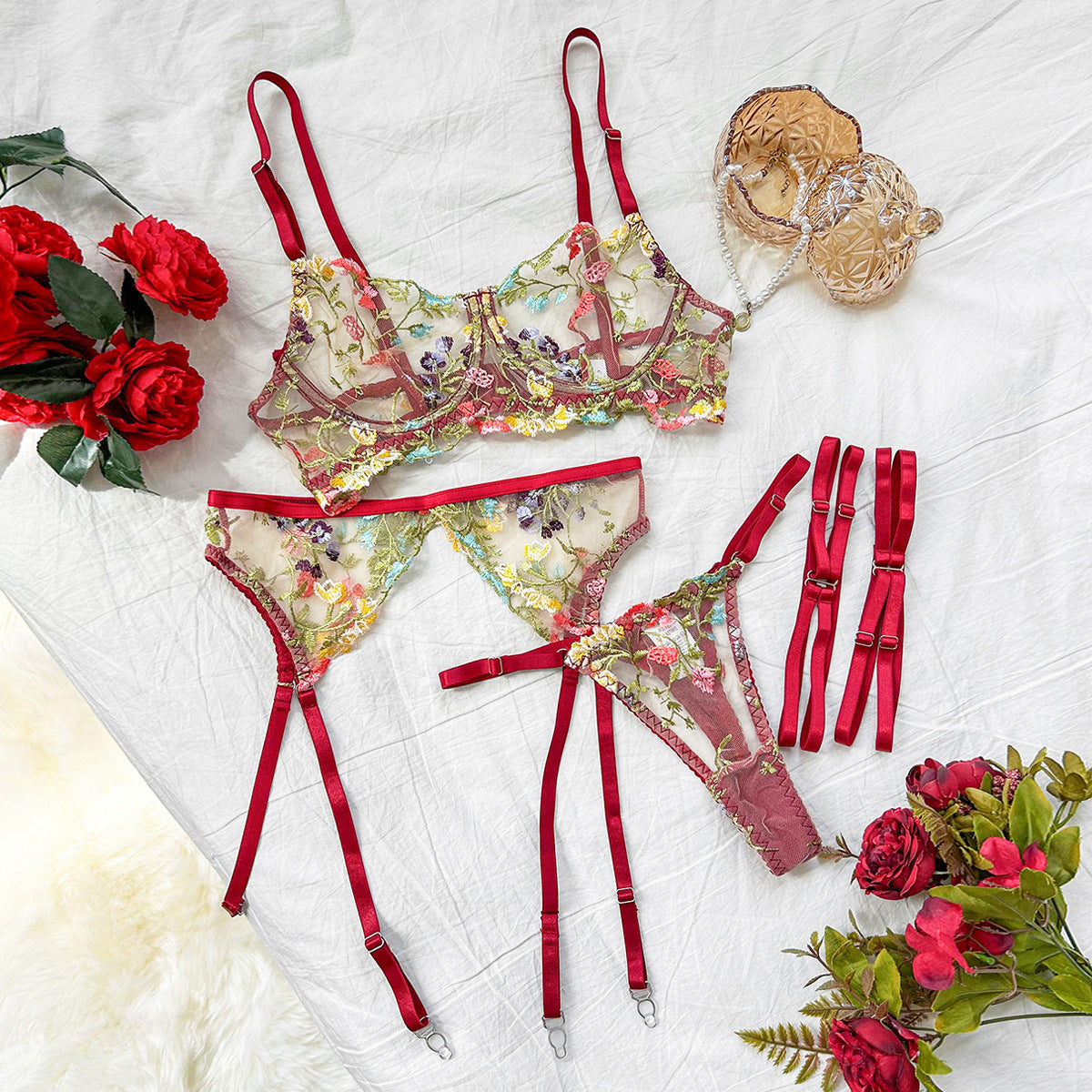 Floral Embroidery Lingerie Set with Garter Belt 3 Piece Mesh Bra and Panty
