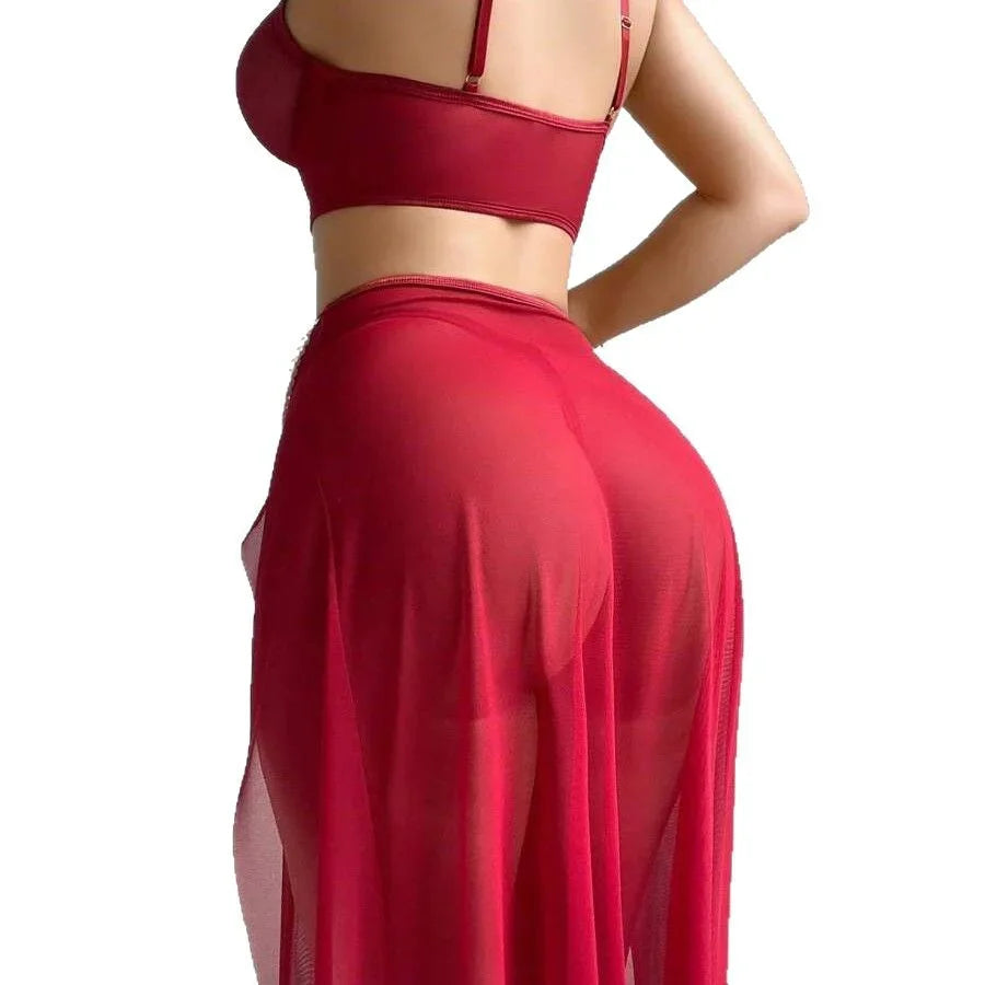 Pearl Chain Sheer Lingerie Set with Corset Top and Slit Skirt