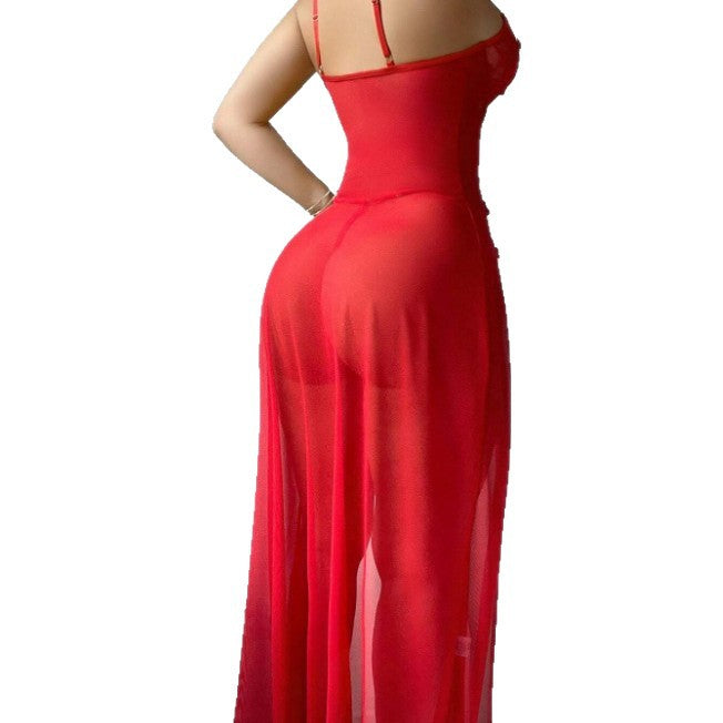 Floral Lace Corset Gown with Split Mesh Skirt and Shoulder Bows