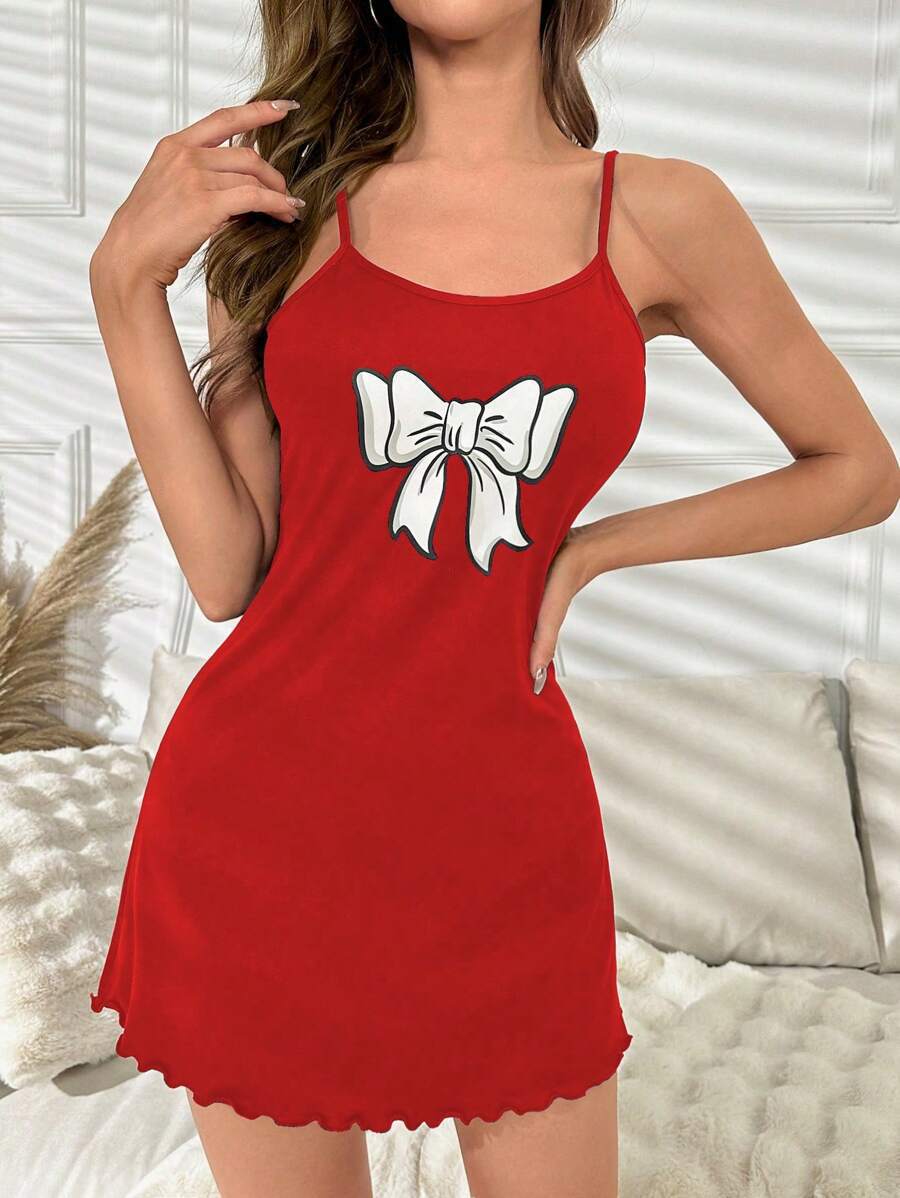 Comfortable Bow Print Card Print Sleep Dress with Ruffle Hem