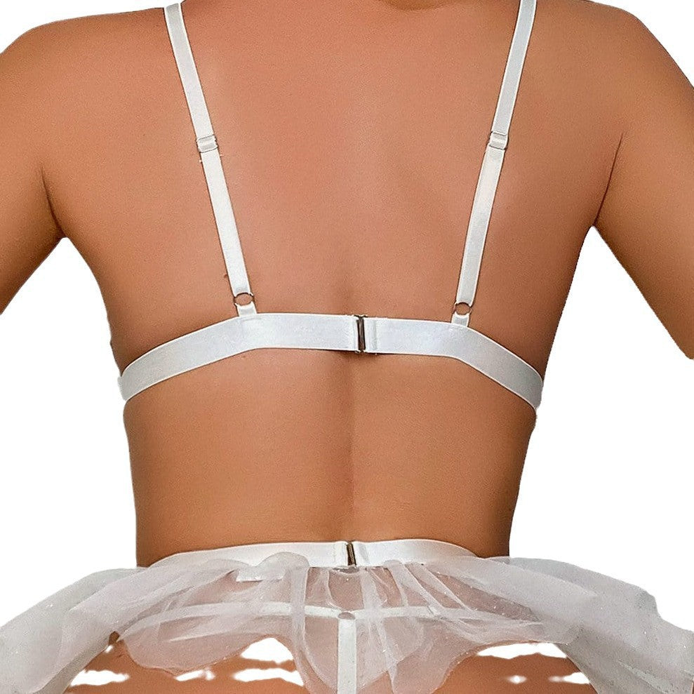White Lace Angel-Inspired Lingerie Set with Tulle Skirt and Heart Belt