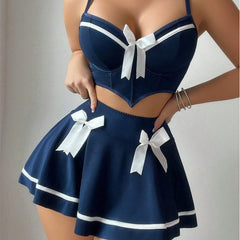 Navy Blue Bow Detail Lingerie Set with Mini Skirt & Bustier Top