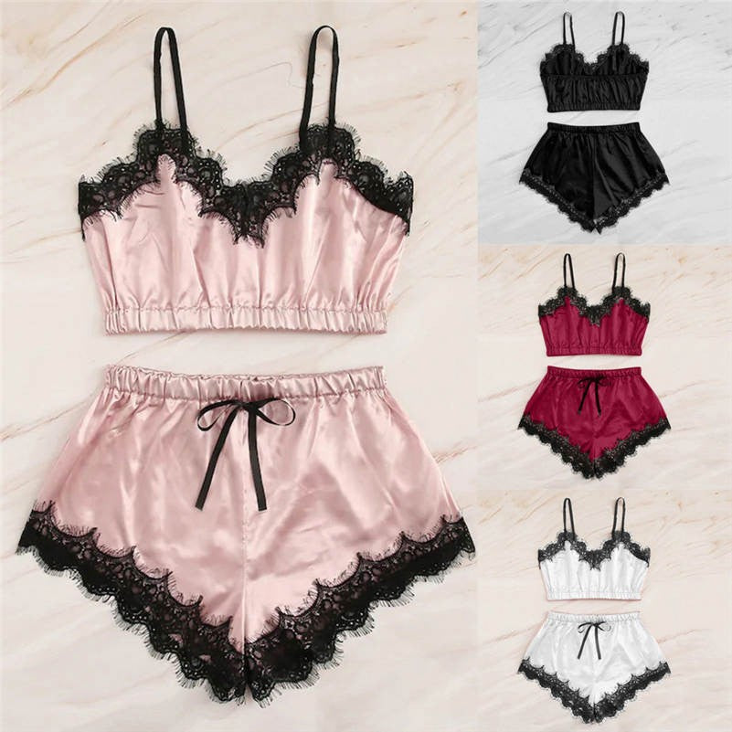 Luxurious Satin Lace Trim Lingerie Set for Comfortable Lounging