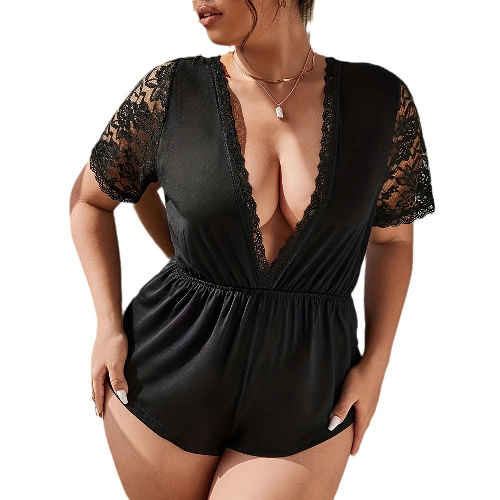 Deep V Lace Sleeve Comfortable Lounge Romper