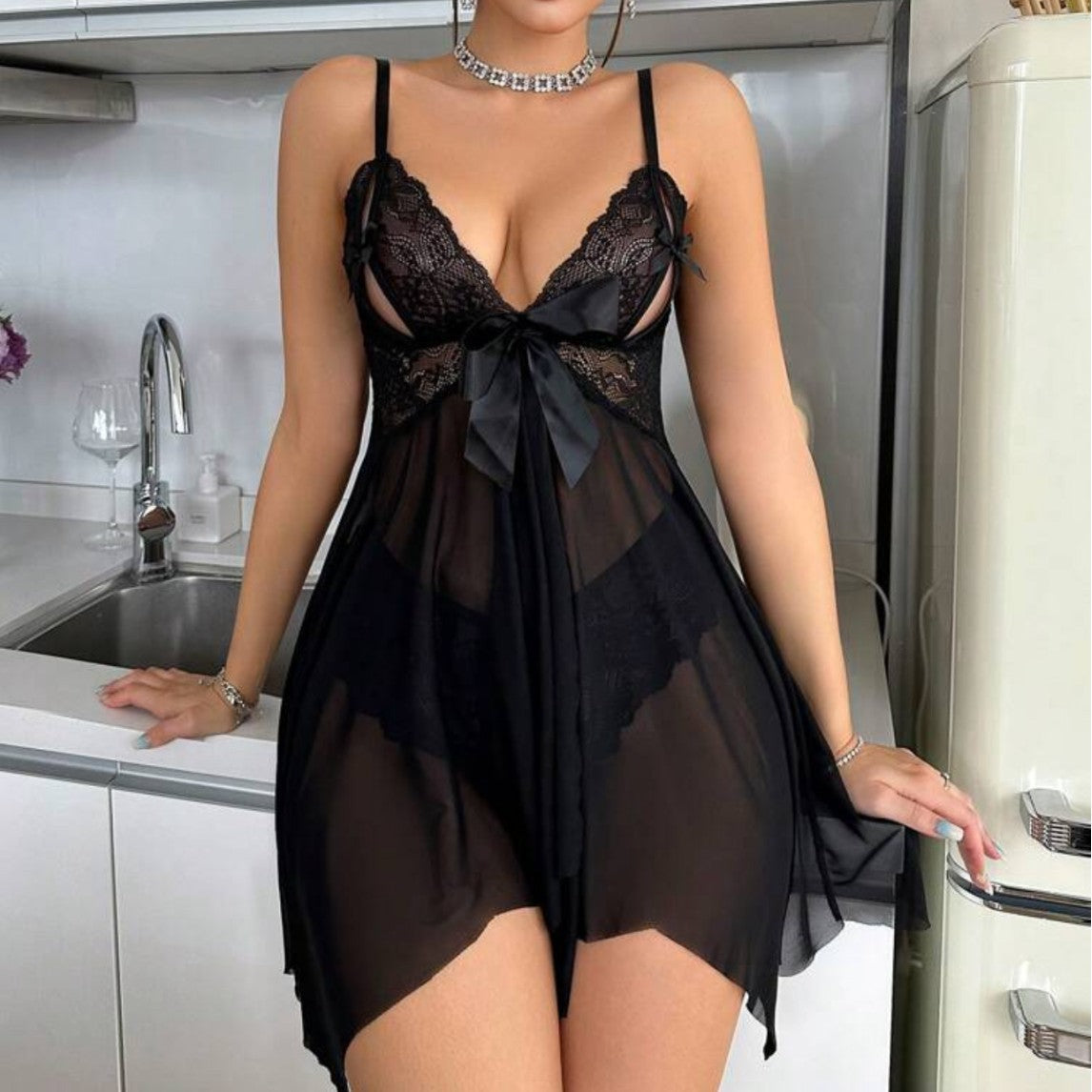 Satin Bow Sheer Babydoll Set with Lace Cup Detail