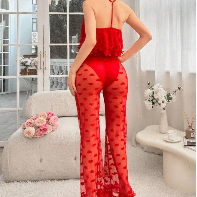 Tiered Ruffle Cami and Heart Mesh Lounge Pants Set