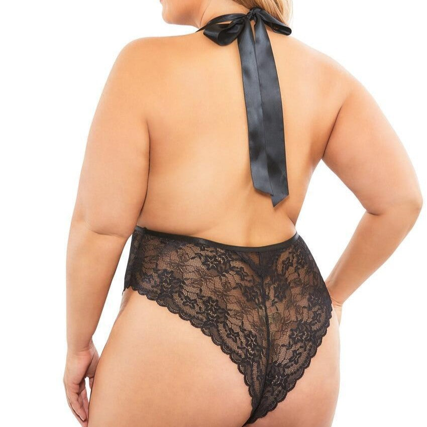 Deep V Mesh and Lace Babydoll Lingerie Bodysuit