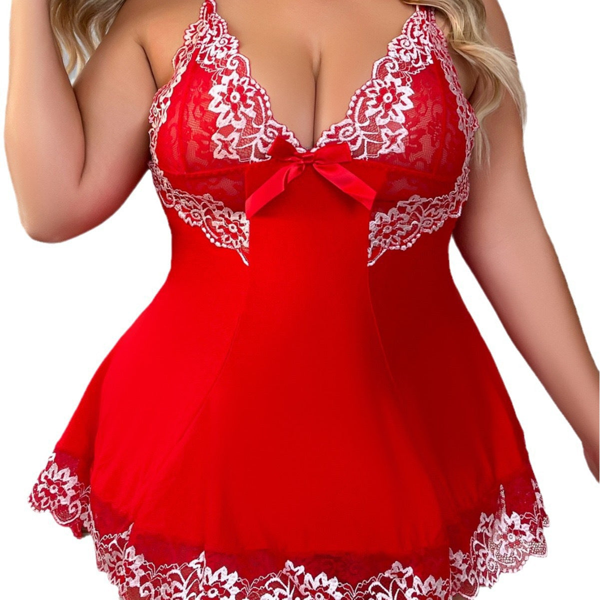 Plus Size Floral Lace Babydoll with Contrast Bow