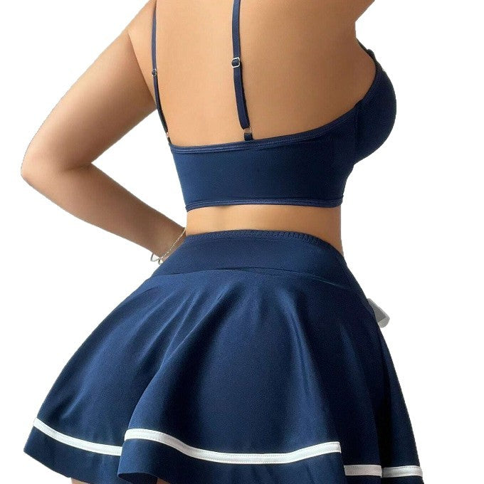 Navy Blue Bow Detail Lingerie Set with Mini Skirt & Bustier Top