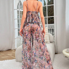 Dreamy Floral Print Flowy Chemise and Wide Leg Pant Set