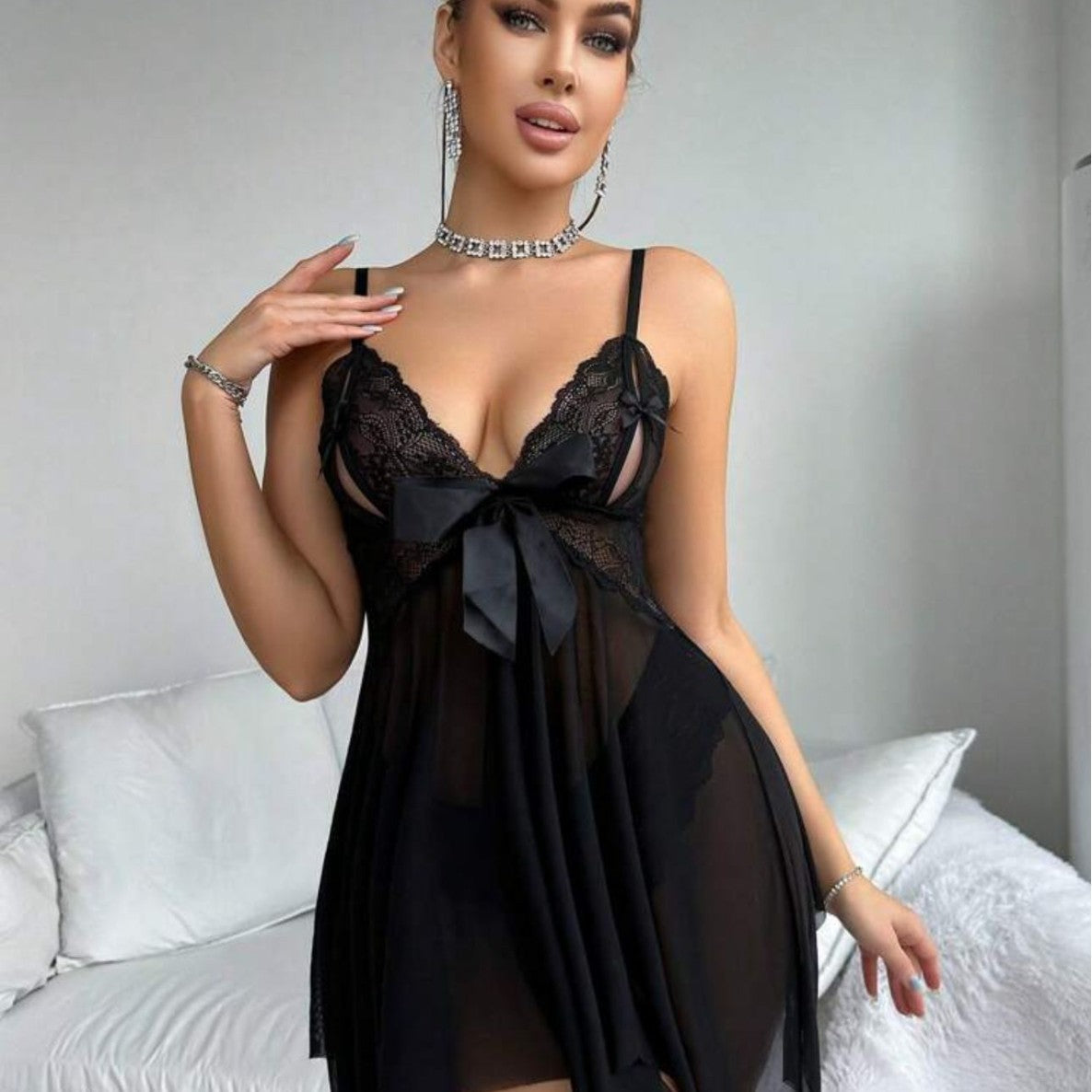 Satin Bow Sheer Babydoll Set with Lace Cup Detail