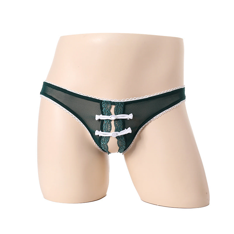 Button Lace Bow Crotchless Thong