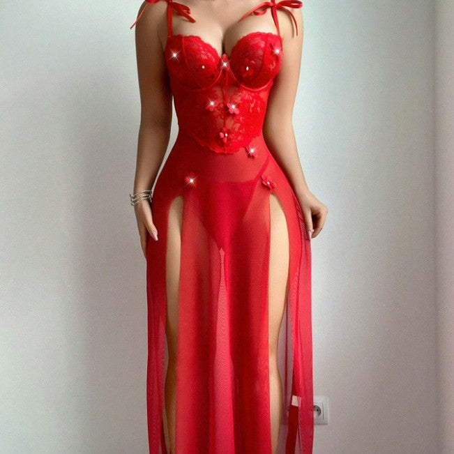 Floral Lace Corset Gown with Split Mesh Skirt and Shoulder Bows