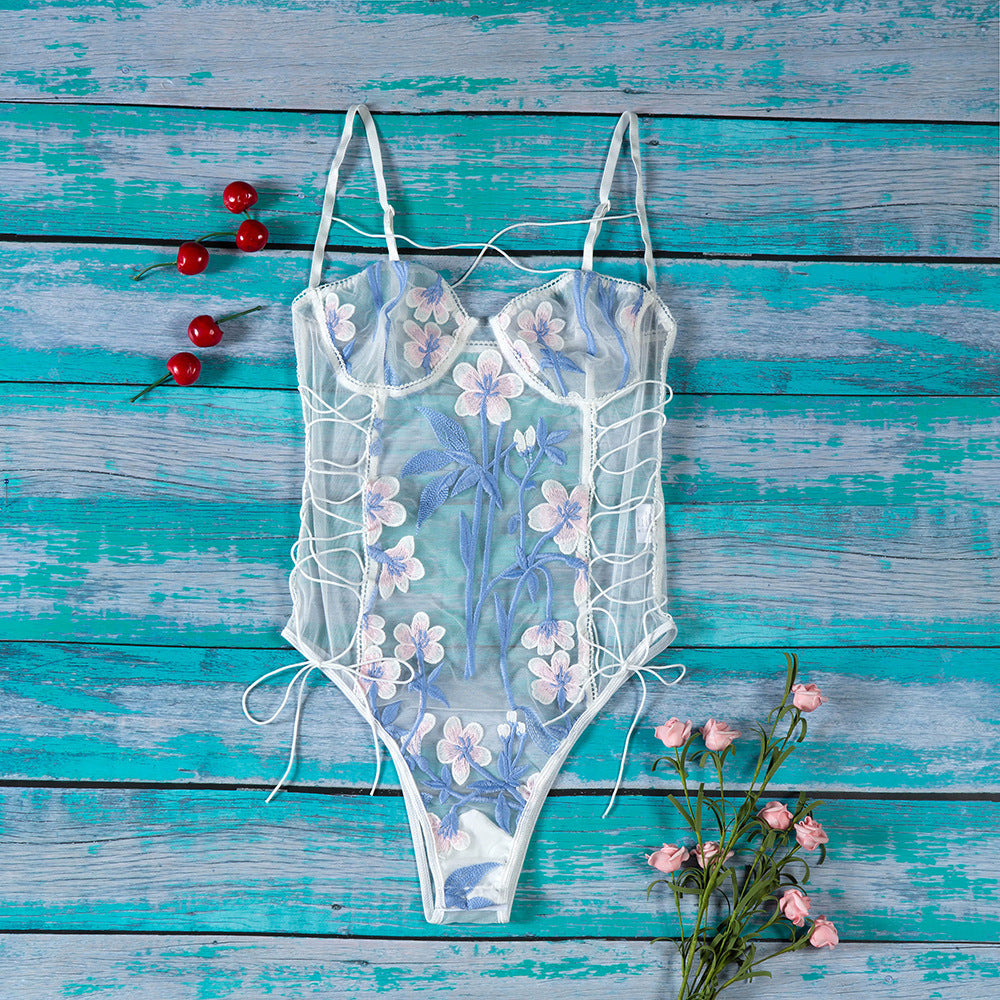 Embroidered Floral Lace Corset Teddy With Side Ties