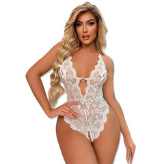 Deep V Backless Lace Bodysuit with Heart Charm Detail