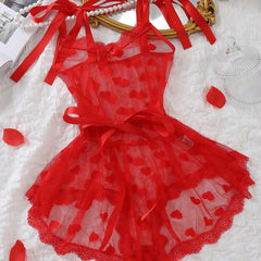 Red Heart Mesh Romper Lingerie with Satin Bow Straps