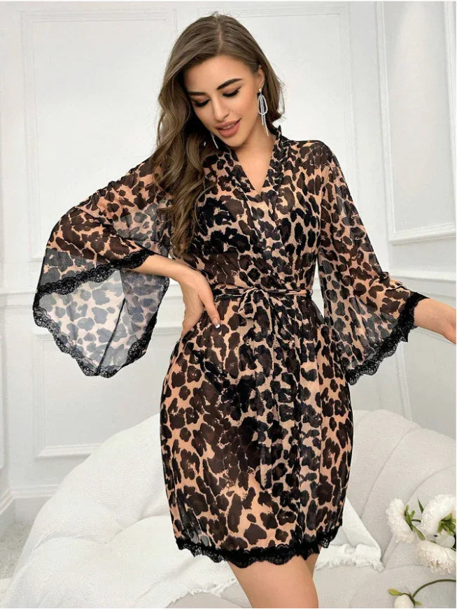 Leopard Sheer Robe with Lace Trim and Tie Waist
