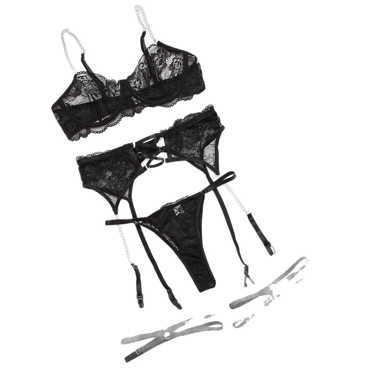 Lace Fantasy Black Garter Set with Chain Strap Details