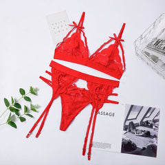 Strappy Lace Bra and Garter Belt Lingerie Set with Panty