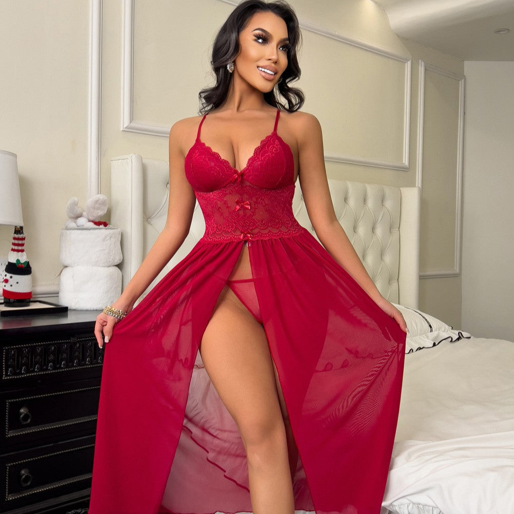 Scarlet Lace Long Babydoll with Flowing Mesh Skirt