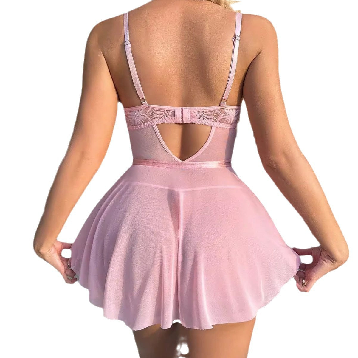 Pink Mesh Babydoll Dress with Floral Lace & Bow Front Detail
