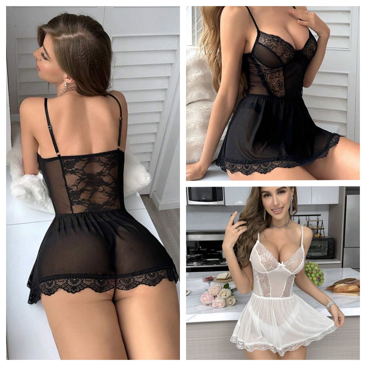 Sheer Lace Panel Babydoll with Flowy Skirt Hem
