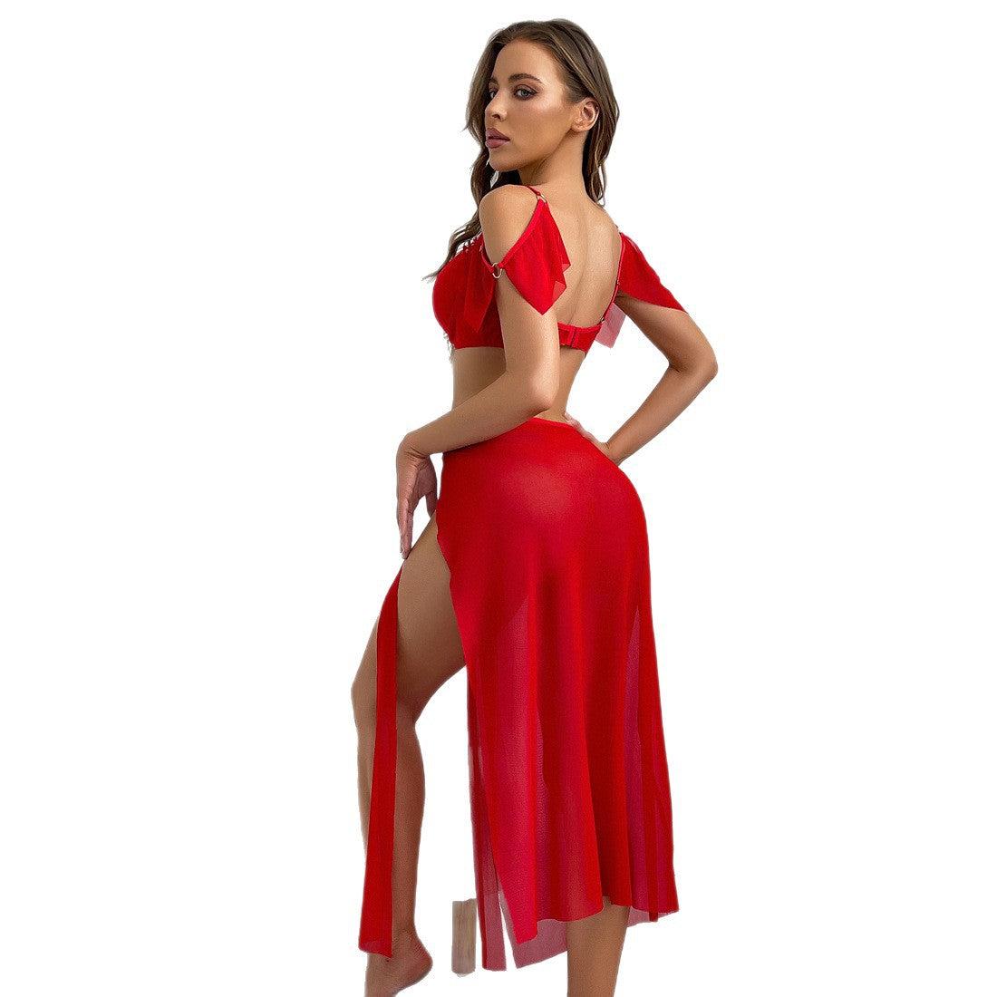 Scarlet Symphony Mesh Lingerie Set with High Slit Skirt