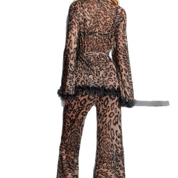 Luxurious Leopard Print Satin Robe and Pant Lounge Set with Ruffles