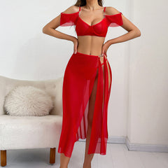 Scarlet Symphony Mesh Lingerie Set with High Slit Skirt