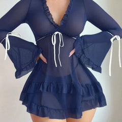 Ruffle Mesh Babydoll with Bell Sleeves and Satin Tie