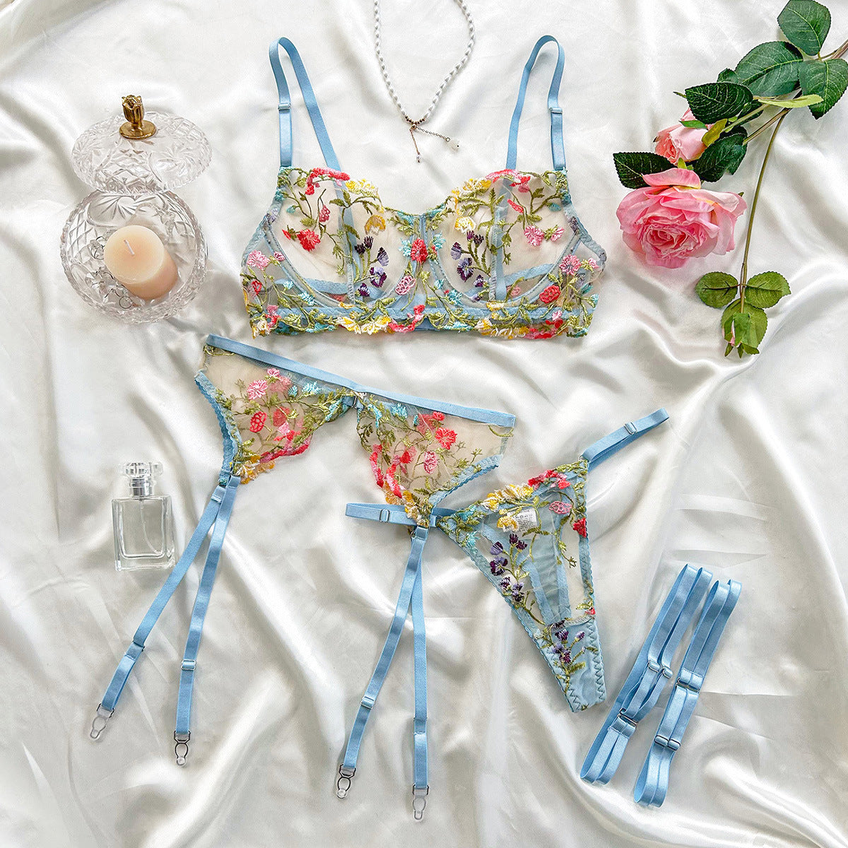 Floral Embroidery Lingerie Set with Garter Belt 3 Piece Mesh Bra and Panty