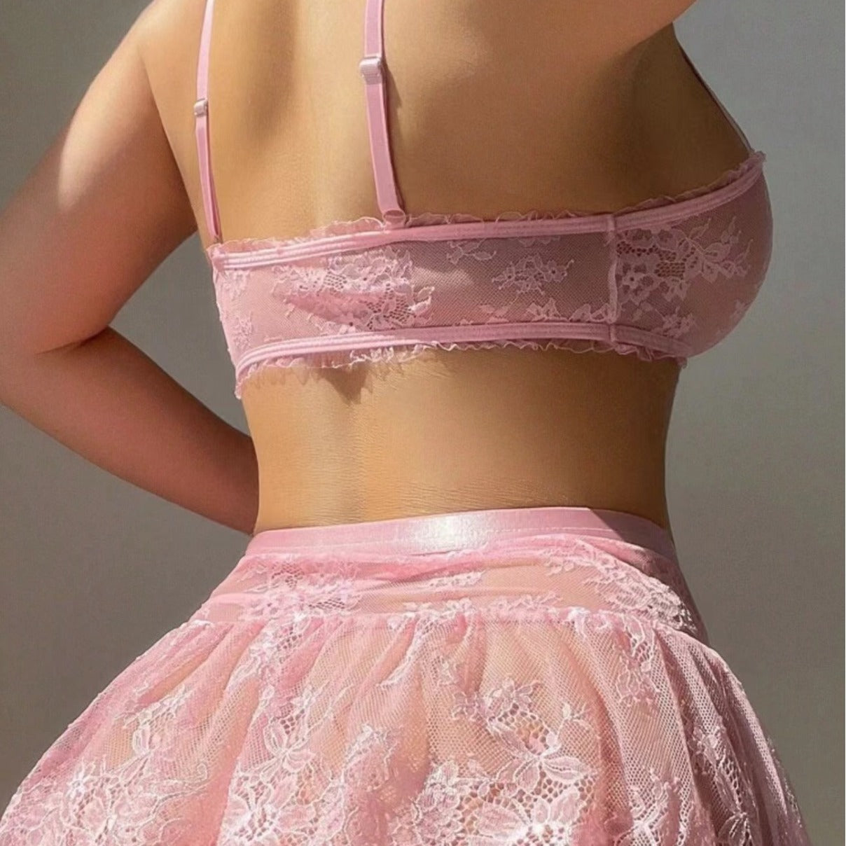 Sweet Pink Lace Lingerie Set with Sheer Skirt and Satin Bow Accents