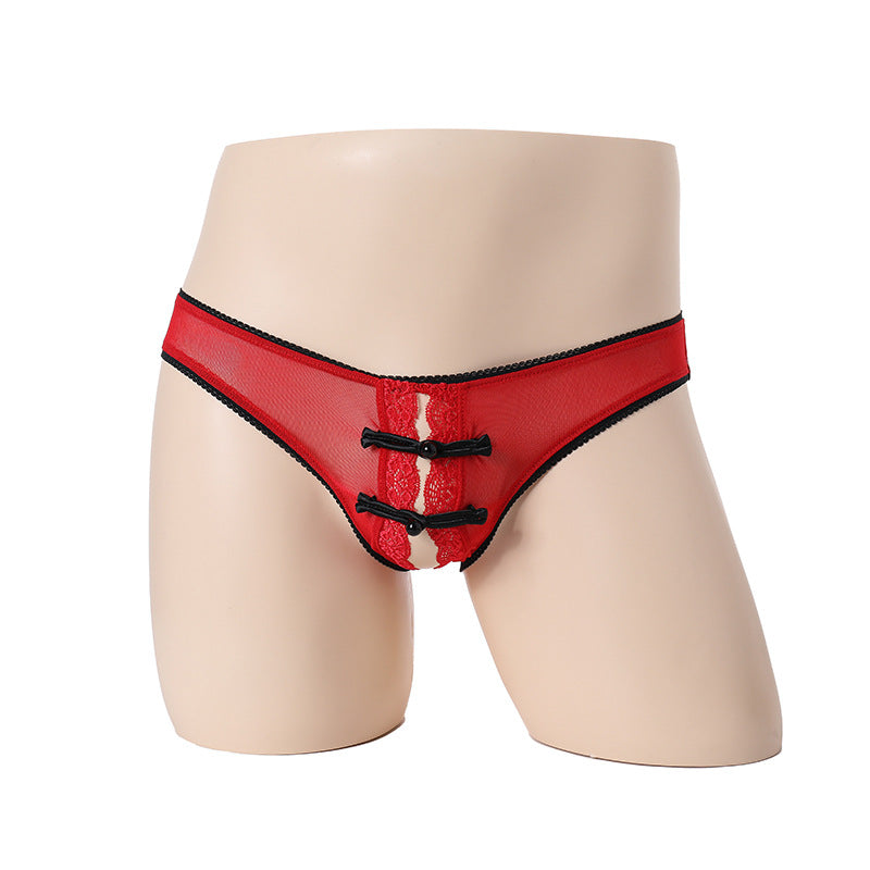 Button Lace Bow Crotchless Thong