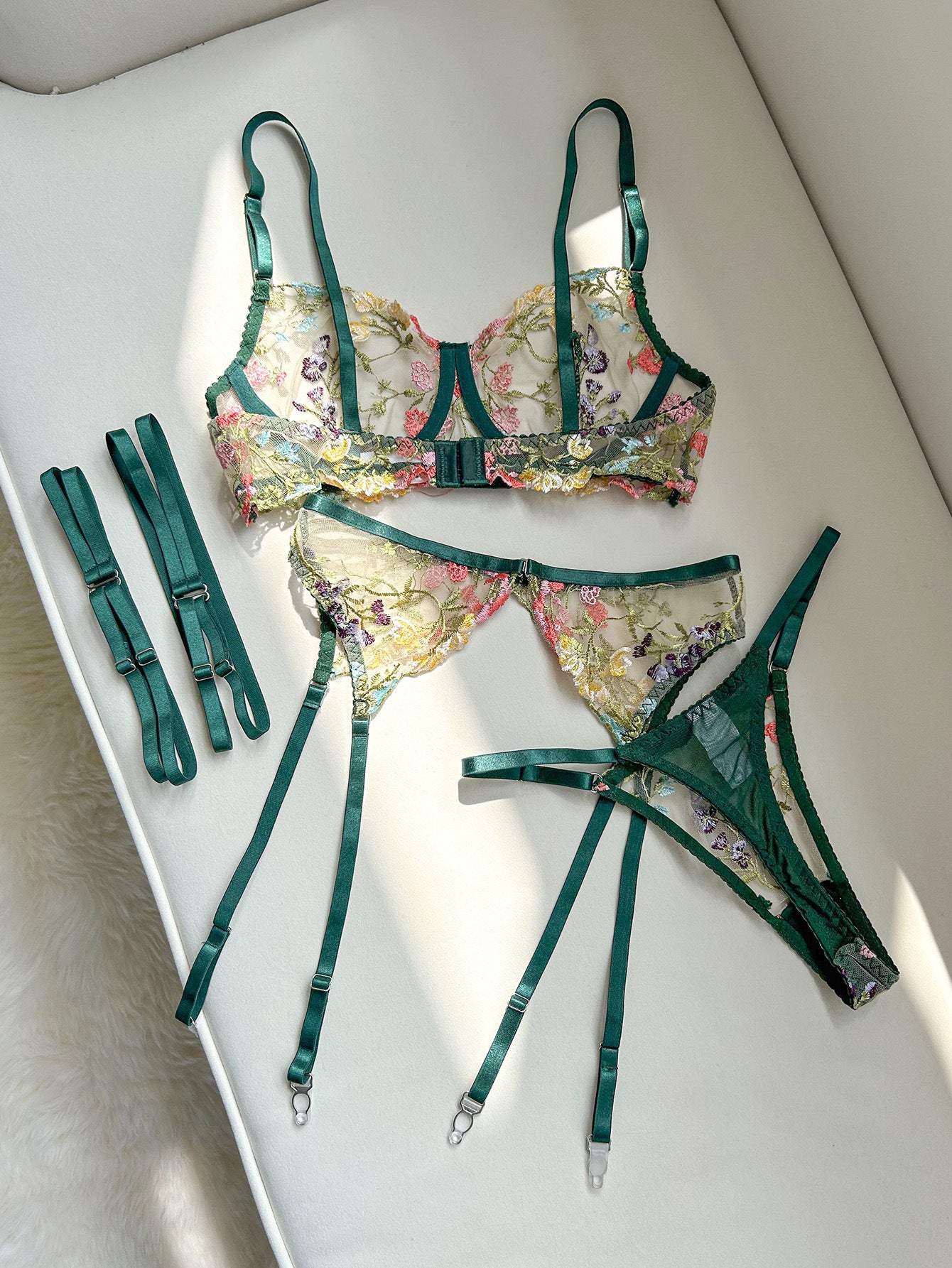 Floral Embroidery Lingerie Set with Garter Belt 3 Piece Mesh Bra and Panty
