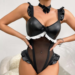 Charm Mesh Teddy with Ruffle Straps and Faux Leather