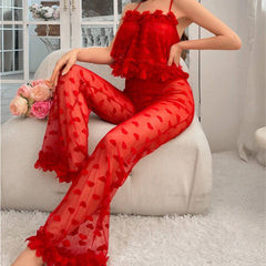 Tiered Ruffle Cami and Heart Mesh Lounge Pants Set