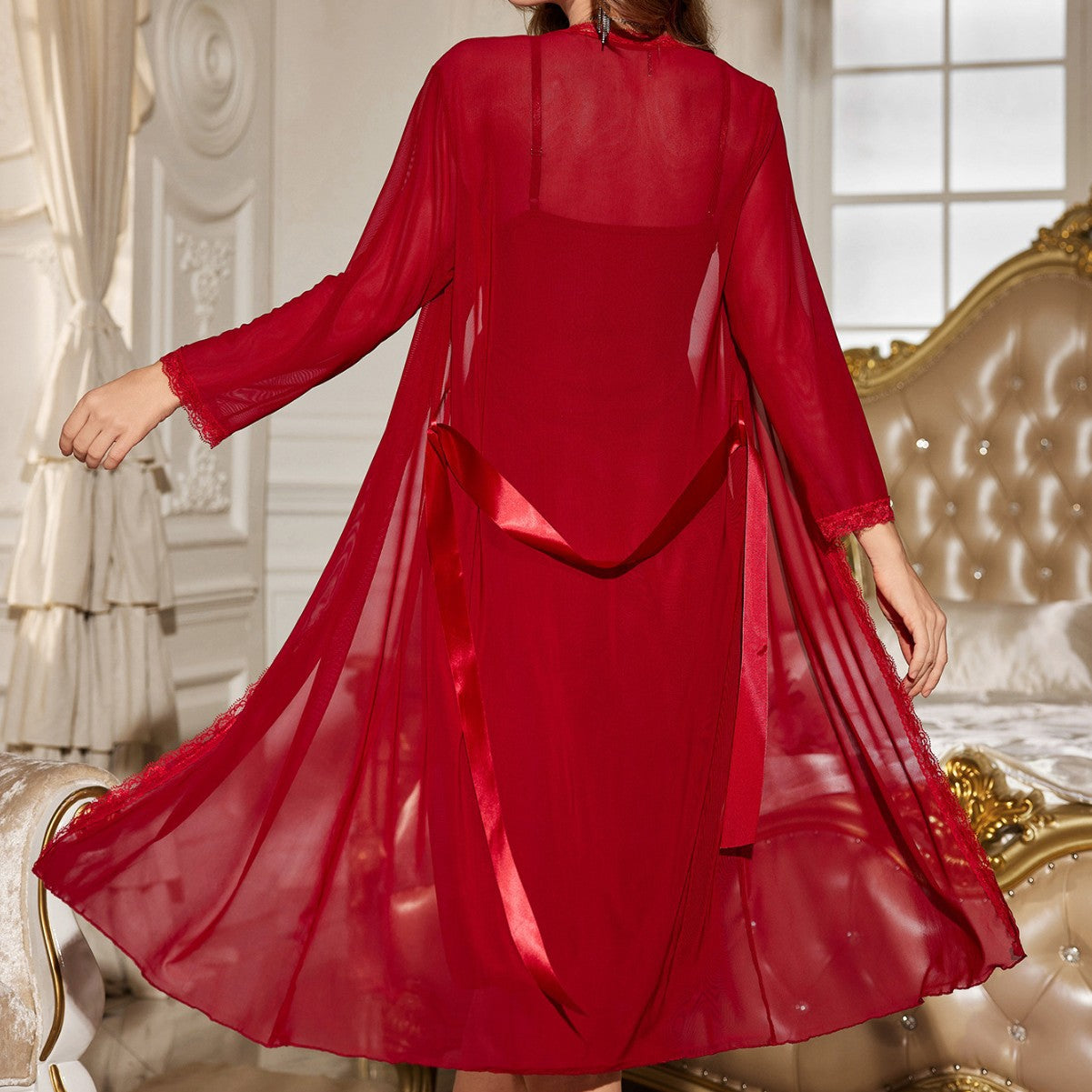 Romantic Red Lace Trim Robe and Chemise Lingerie Set