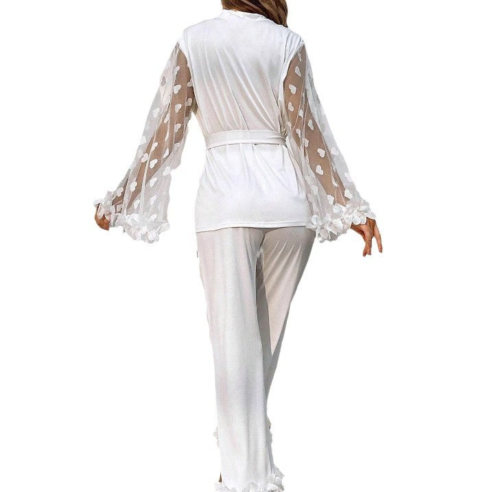 Heart Mesh Lounge Pajama Set with Sheer Sleeves and Floral Trim